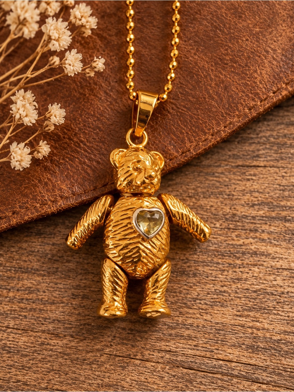 Vintage Avon Articulated Teddy Bear Pendant Necklace Gold Tone NOS Heart Crystal